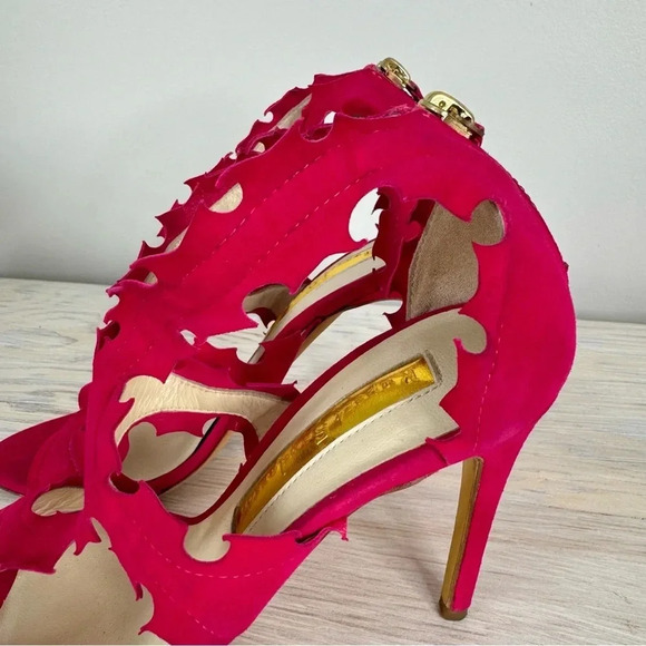 Rupert Sanderson Floria Pink Fuchsia Suede Cutout Peep Toe Heeled Sandals - Picture 2 of 16